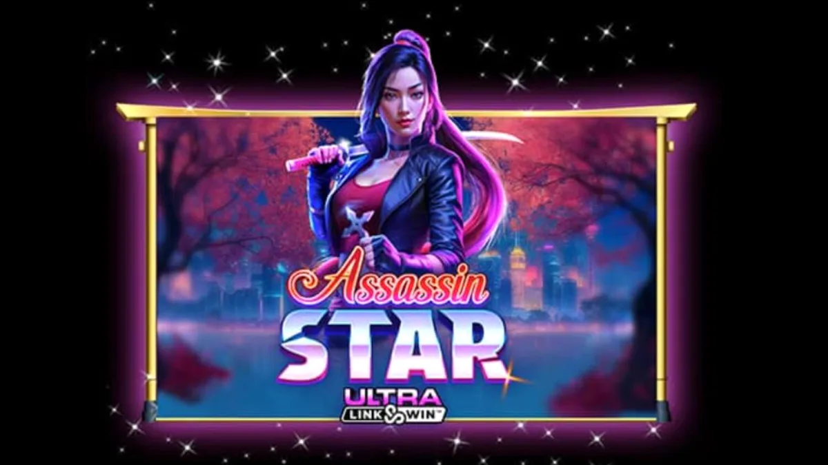 Tampilan layar permainan slot Assassin Star dengan latar belakang kota neon Jepang