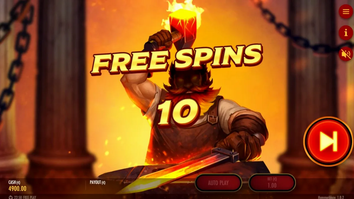 Tampilan visual slot Hammerblaze dengan latar belakang gunung berapi dan grid 7x7